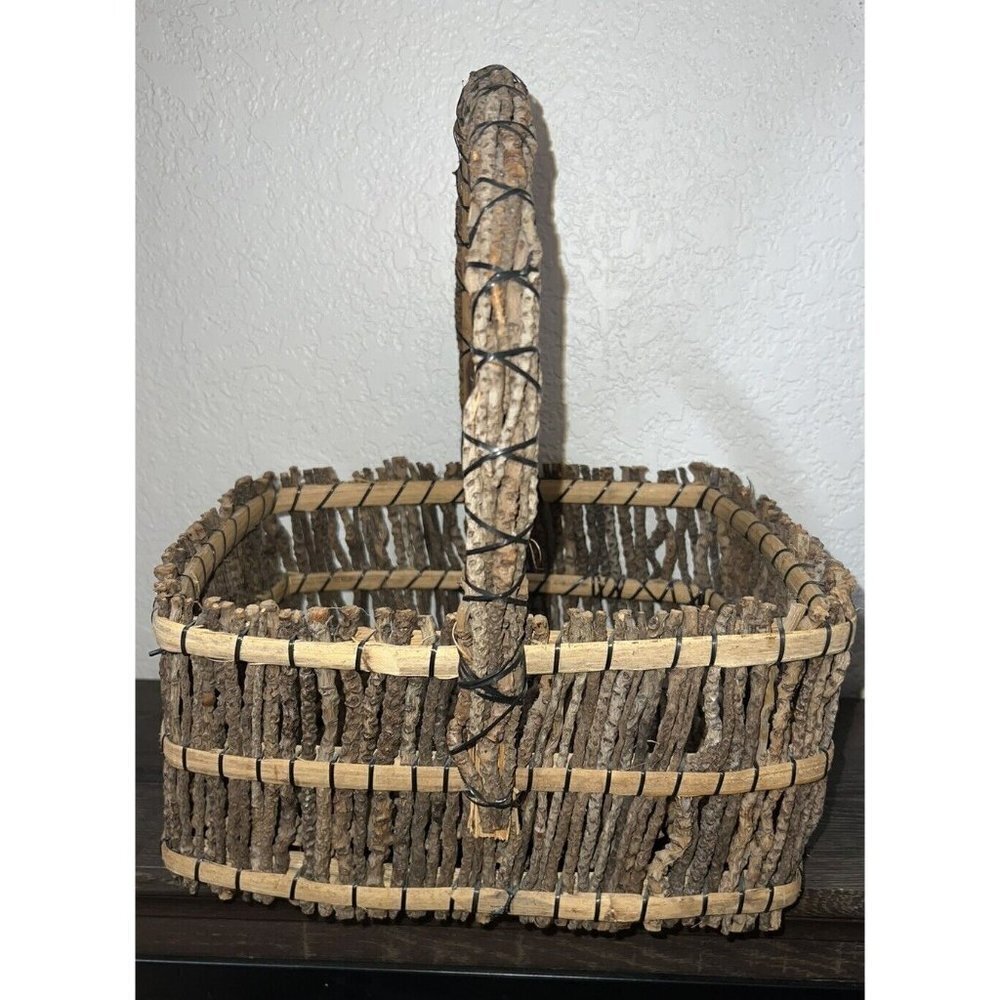 Rustic Twig/Stick Forest Basket 13x11x11” Handle Sturdy Well Made Cottage Easter